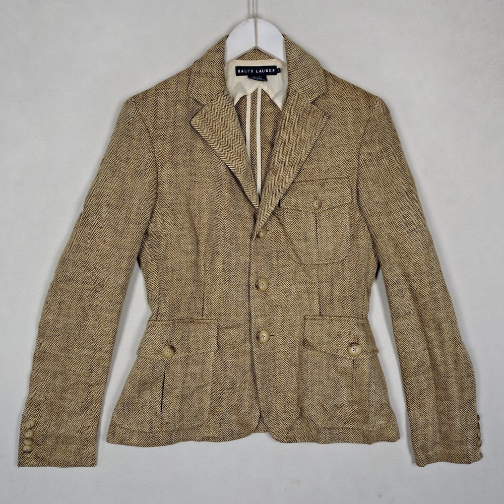Ralph Lauren Made in Italy Brown Herringbone Linen Blazer Jacket Womens 6